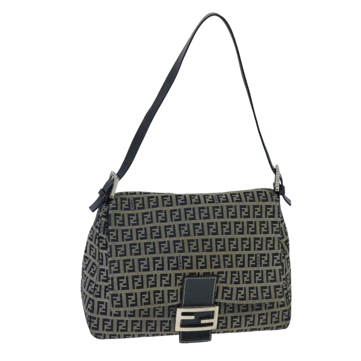 FENDI Zucchino Canvas Mamma Baguette Shoulder Bag Navy Silver Auth ep6613