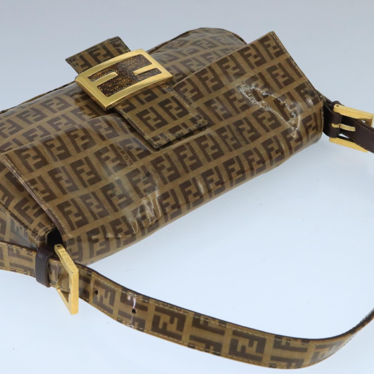 FENDI Zucchino Canvas Mamma Baguette Shoulder Bag Enamel Brown Gold Auth ep6615