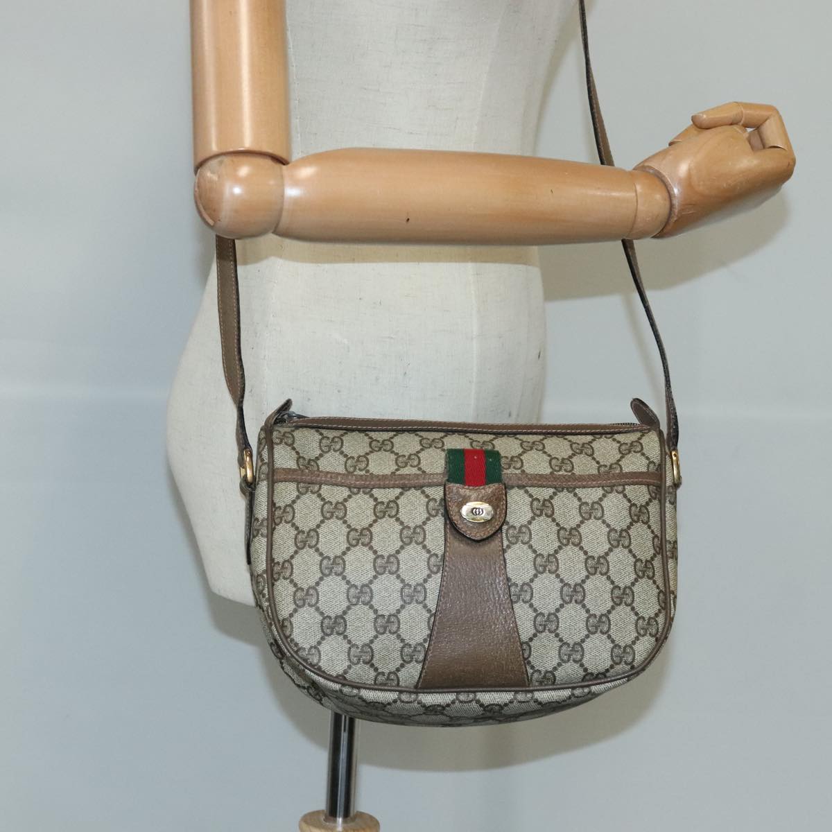 GUCCI GG Supreme Web Sherry Line Shoulder Bag PVC Leather Beige Auth ep6616