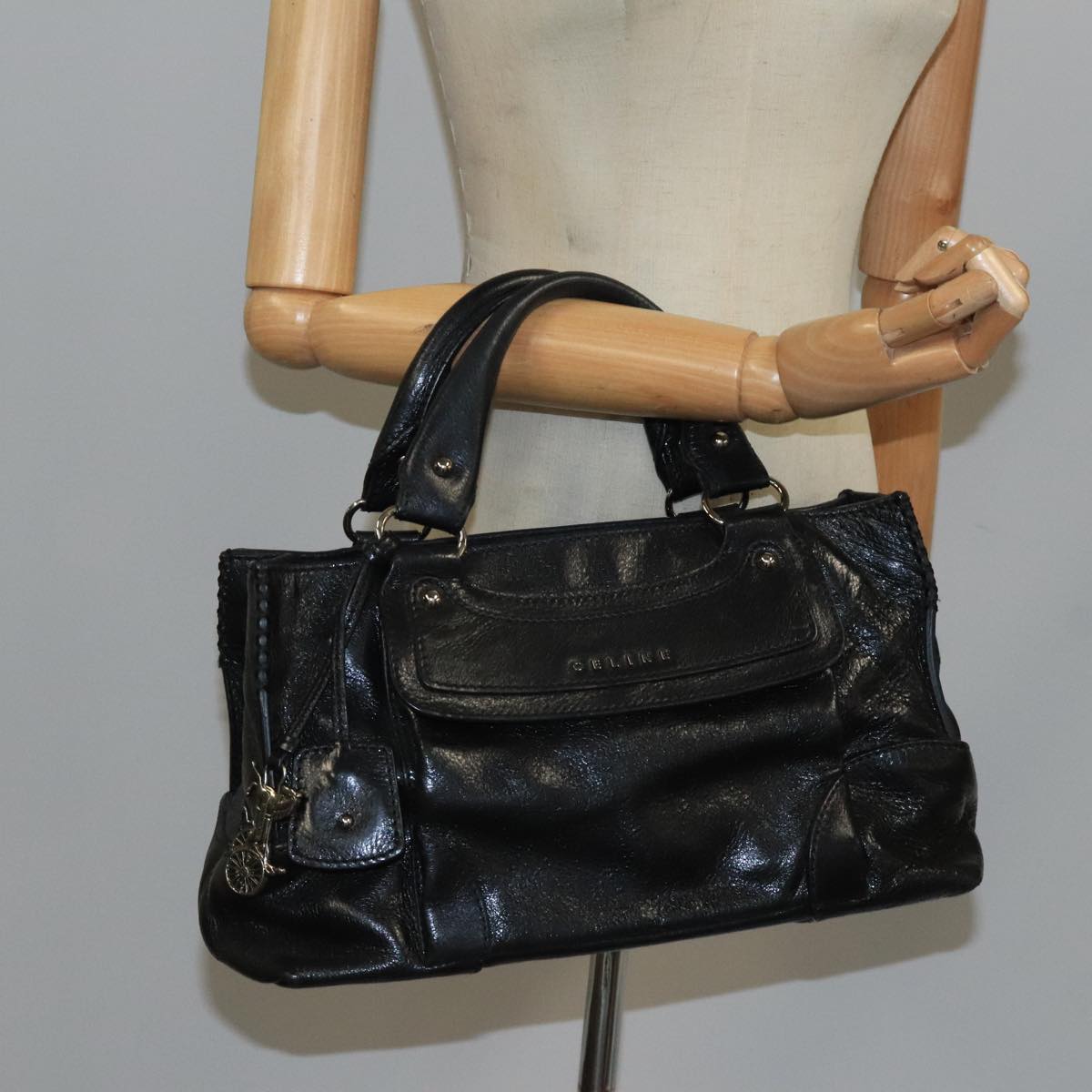 CELINE Boogie bag Hand Bag Leather Black Silver Auth ep6649