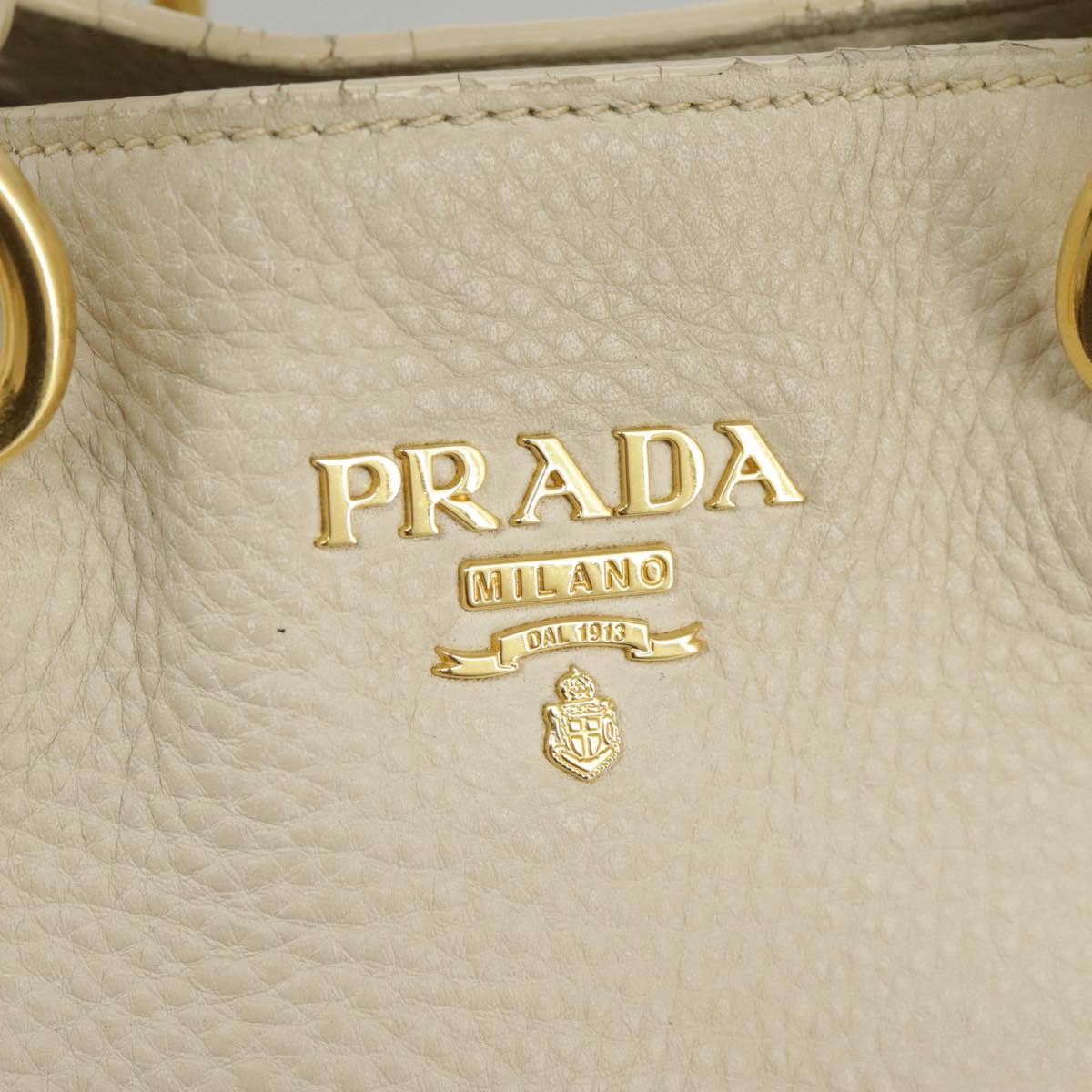 PRADA Tote Bag Leather White Gold Auth ep6660