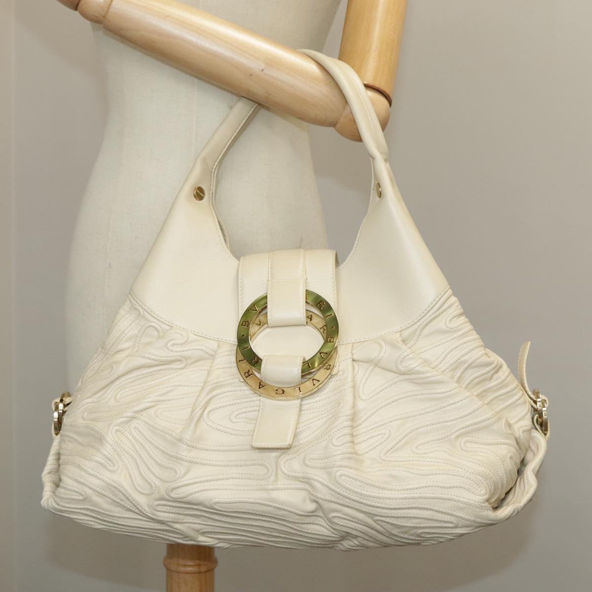 BVLGARI Hand Bag Leather Beige Gold Auth ep6669