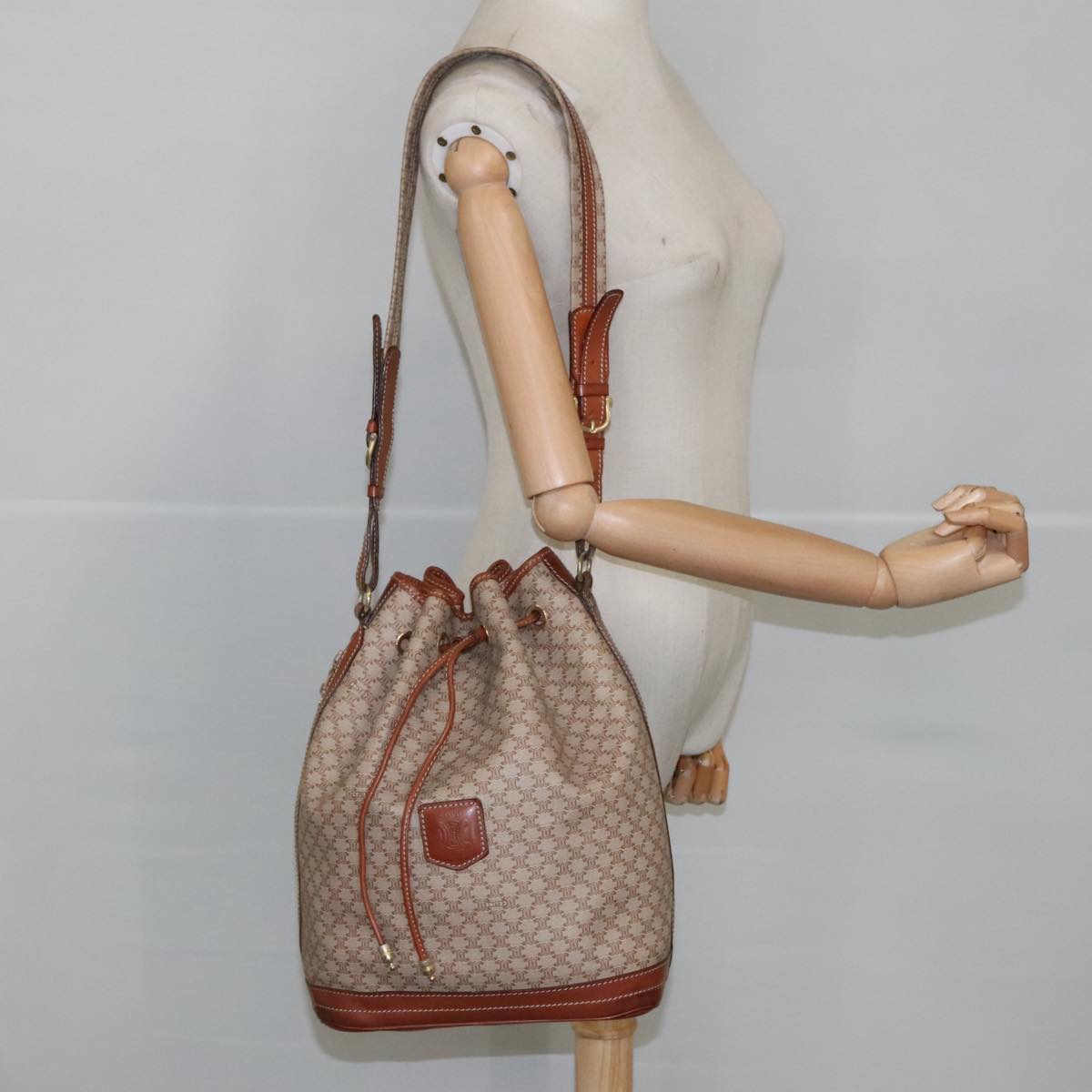 CELINE Macadam Canvas Shoulder Bag PVC Leather Beige Auth ep6673