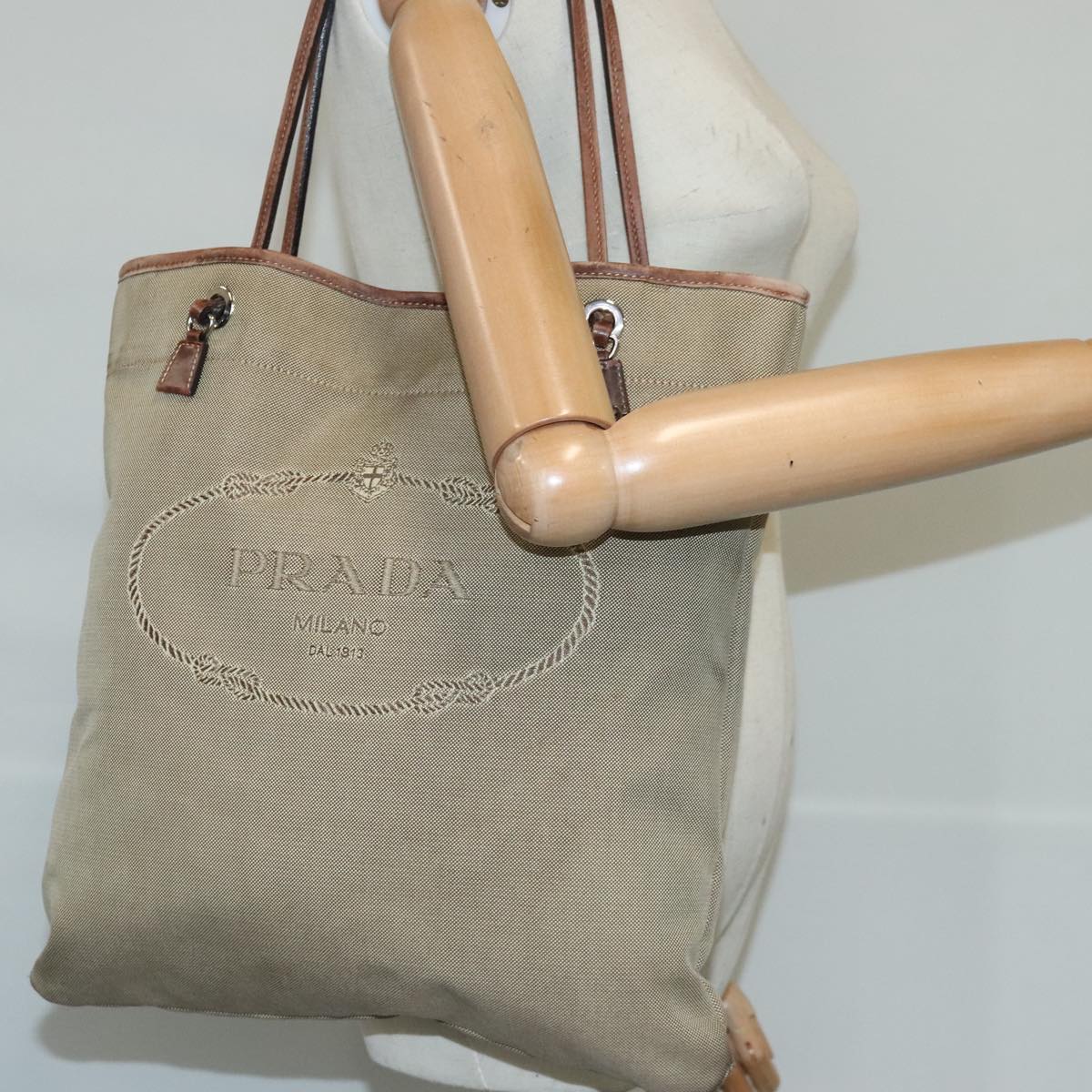 PRADA Tote Bag Canvas Beige Silver Auth ep6714