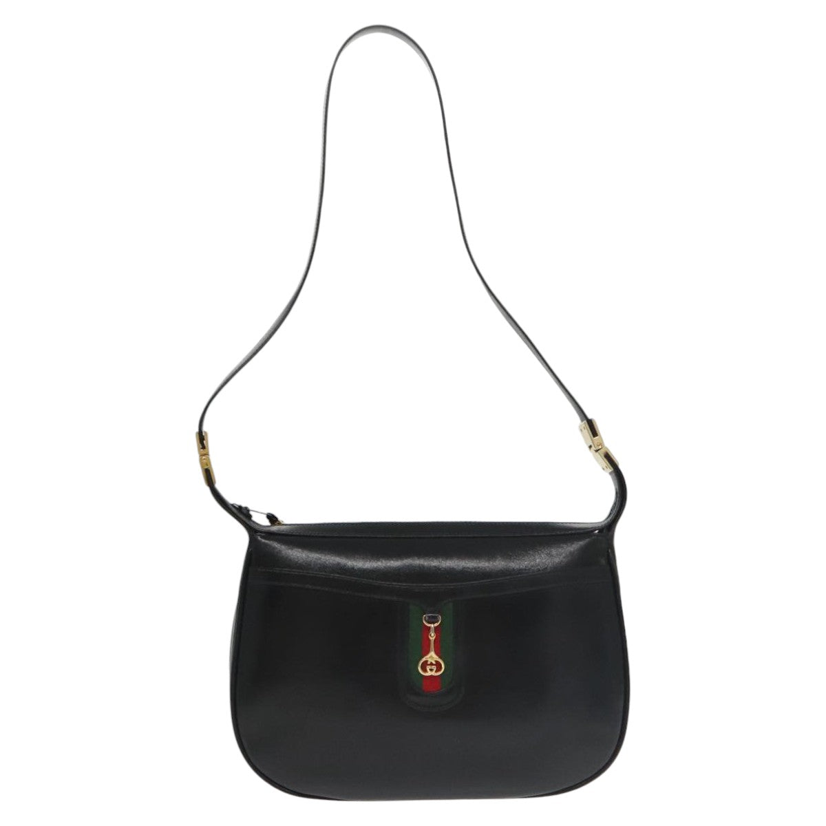 GUCCI Web Sherry Line Shoulder Bag Leather Black Gold Auth ep6727 - 0