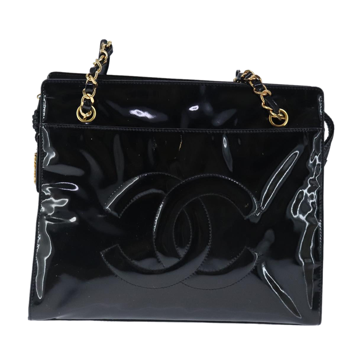 CHANEL Shoulder Bag Patent Leather Black Gold CC Auth ep6788 - 0