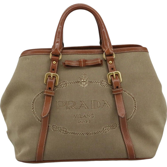PRADA Hand Bag Canvas Beige Gold Auth ep7180