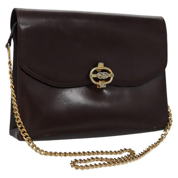 GUCCI Chain Shoulder Bag Leather Brown Gold Auth ep7469