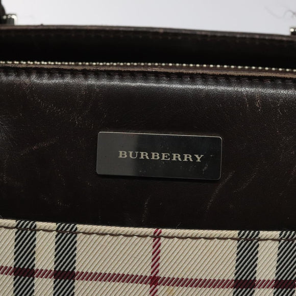 BURBERRY Nova Check Hand Bag Nylon Beige Dark Brown Silver Auth ep7479