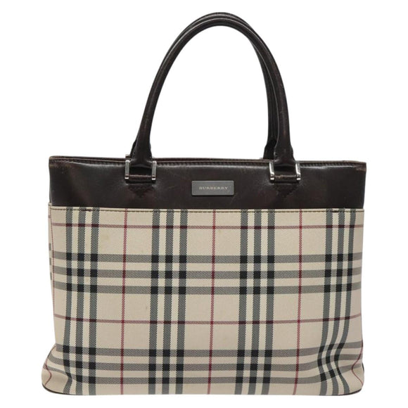 BURBERRY Nova Check Hand Bag Nylon Beige Dark Brown Silver Auth ep7479