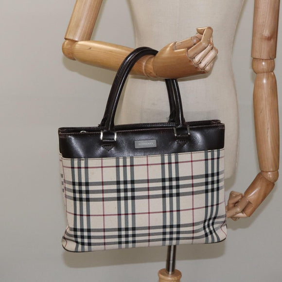 BURBERRY Nova Check Hand Bag Nylon Beige Dark Brown Silver Auth ep7479