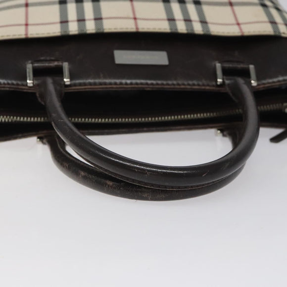 BURBERRY Nova Check Hand Bag Nylon Beige Dark Brown Silver Auth ep7479