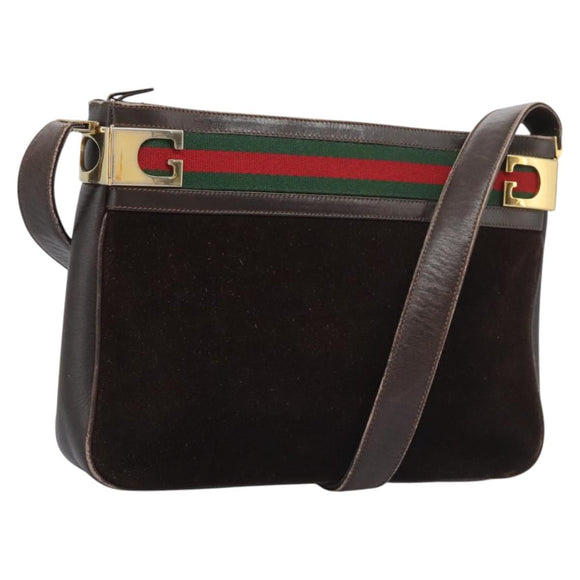 GUCCI Web Sherry Line Shoulder Bag Suede Leather Brown Gold Red Auth ep7487