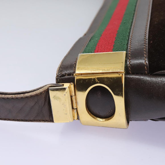 GUCCI Web Sherry Line Shoulder Bag Suede Leather Brown Gold Red Auth ep7487