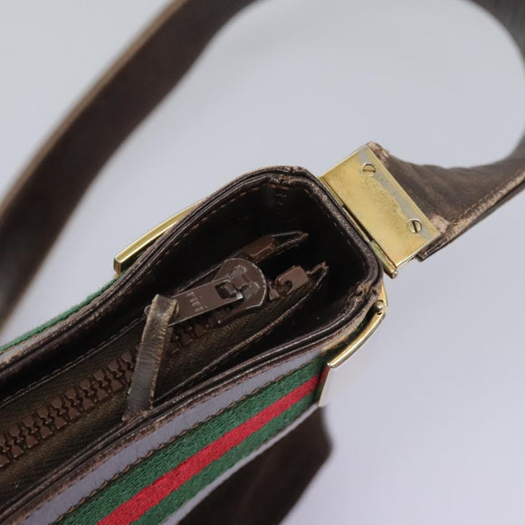 GUCCI Web Sherry Line Shoulder Bag Suede Leather Brown Gold Red Auth ep7487