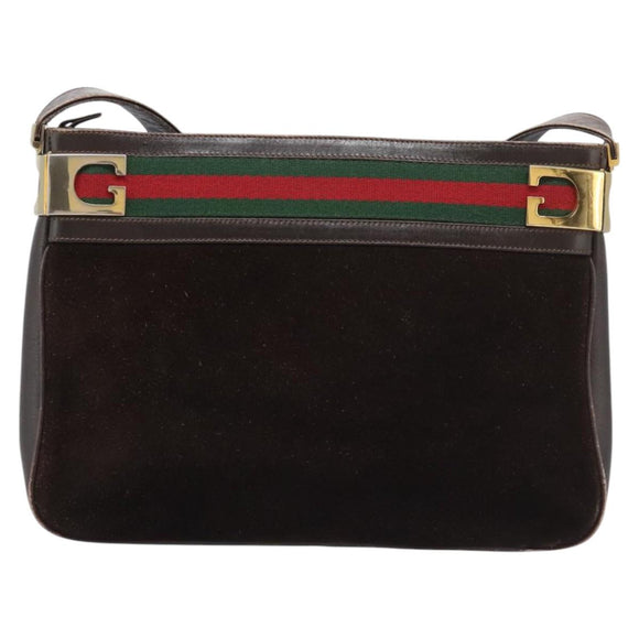 GUCCI Web Sherry Line Shoulder Bag Suede Leather Brown Gold Red Auth ep7487