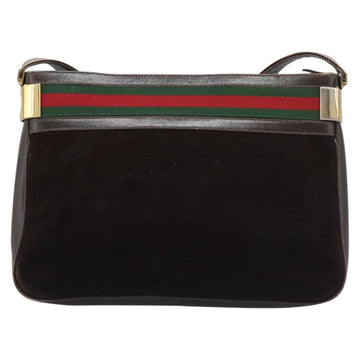 GUCCI Web Sherry Line Shoulder Bag Suede Leather Brown Gold Red Auth ep7487 - 0