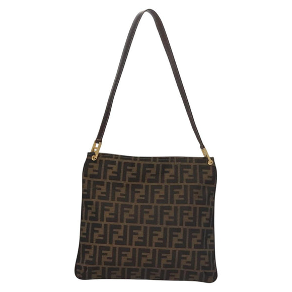 FENDI Zucca Canvas Shoulder Bag Brown Black gold Auth ep7509