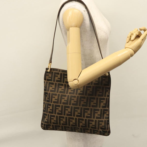 FENDI Zucca Canvas Shoulder Bag Brown Black gold Auth ep7509