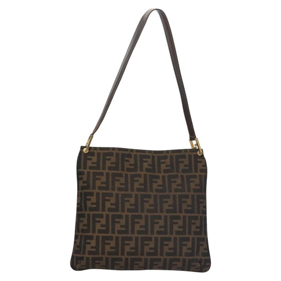 FENDI Zucca Canvas Shoulder Bag Brown Black gold Auth ep7509