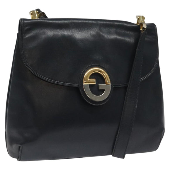 GUCCI Shoulder Bag Leather Navy Gold Auth ep7619