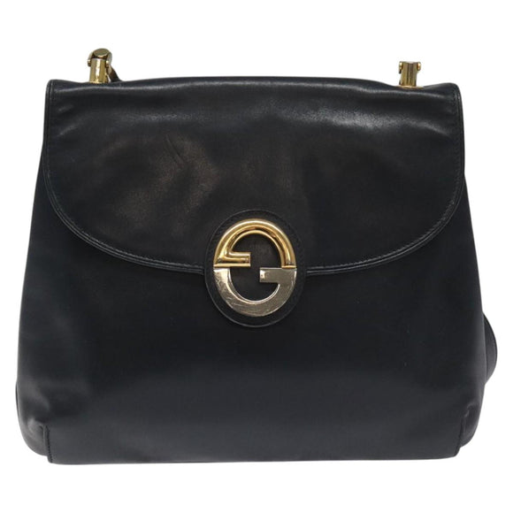 GUCCI Shoulder Bag Leather Navy Gold Auth ep7619