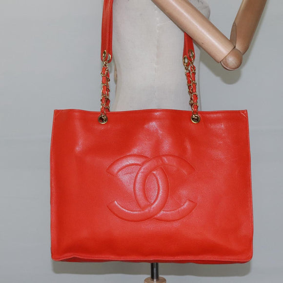 CHANEL Chain Tote Bag Caviar Skin Orange Gold CC Auth ep7741