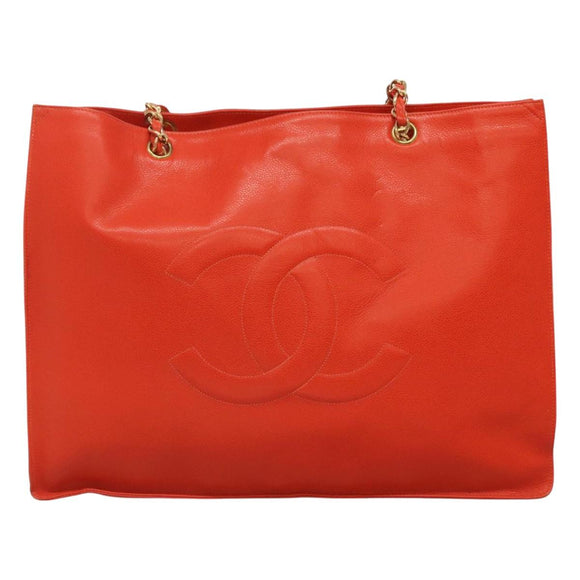 CHANEL Chain Tote Bag Caviar Skin Orange Gold CC Auth ep7741