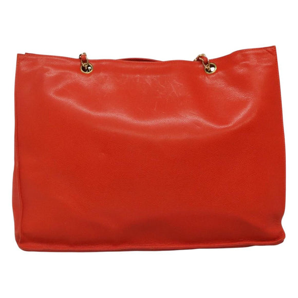 CHANEL Chain Tote Bag Caviar Skin Orange Gold CC Auth ep7741