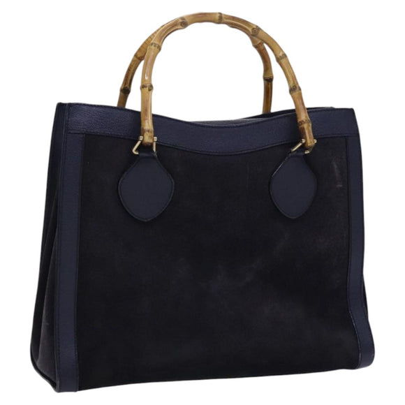 GUCCI Bamboo Hand Bag Suede Leather Navy Gold Auth ep7759