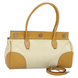 PRADA 2way Hand Bag Canvas Leather Beige Silver Auth ep7760