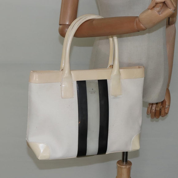GUCCI Sherry Line Hand Bag Canvas White Black Auth ep7988