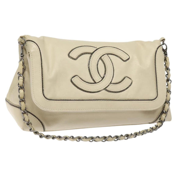 CHANEL Chain Hand Bag Leather White Silver CC Auth ep8399