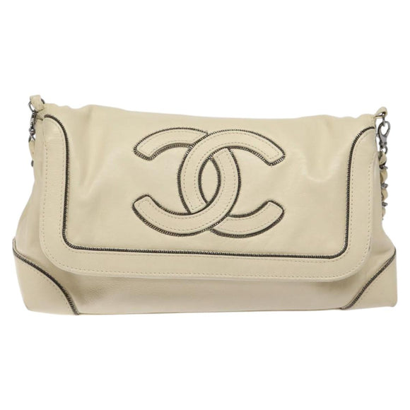 CHANEL Chain Hand Bag Leather White Silver CC Auth ep8399
