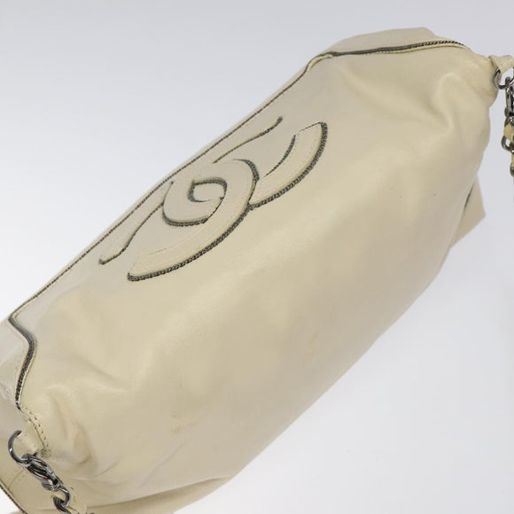 CHANEL Chain Hand Bag Leather White Silver CC Auth ep8399