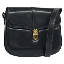 GUCCI Shoulder Bag Leather Navy Gold Auth ep8402