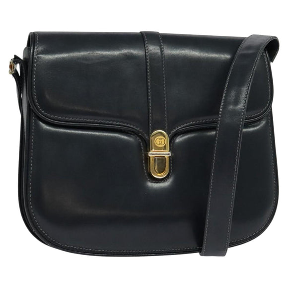 GUCCI Shoulder Bag Leather Navy Gold Auth ep8402