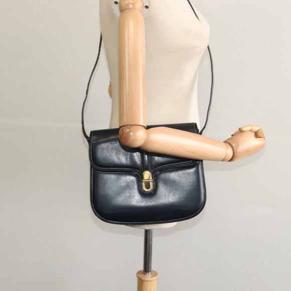 GUCCI Shoulder Bag Leather Navy Gold Auth ep8402