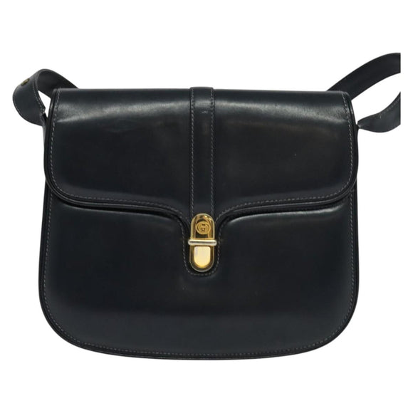 GUCCI Shoulder Bag Leather Navy Gold Auth ep8402
