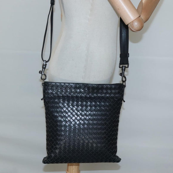 BOTTEGA VENETA INTRECCIATO Shoulder Bag Leather Black Silver Auth ep8445