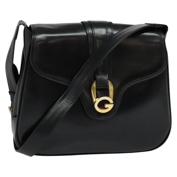 GUCCI Shoulder Bag Leather Black Gold Auth ep8475