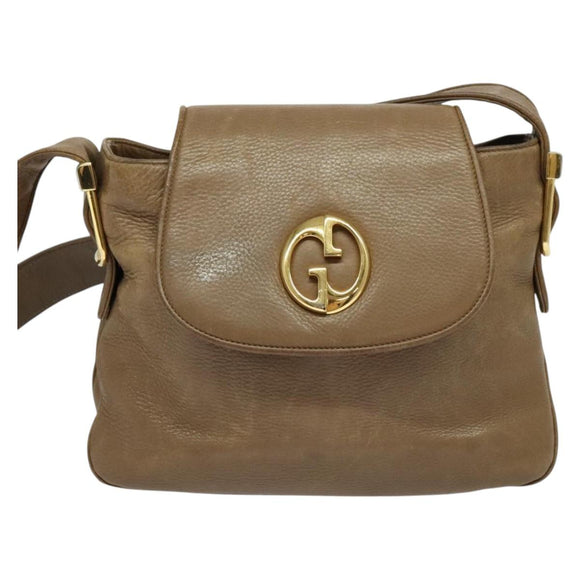 GUCCI Shoulder Bag Leather Brown Gold Auth ep8554