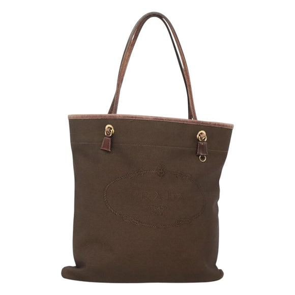 PRADA Tote Bag Canvas Brown Gold Auth ep8562