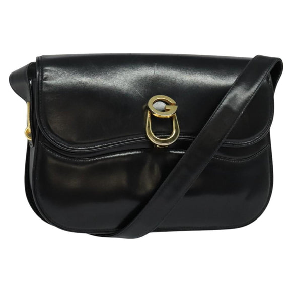 GUCCI Shoulder Bag Leather Black Gold Auth ep8582