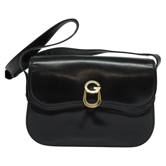 GUCCI Shoulder Bag Leather Black Gold Auth ep8582