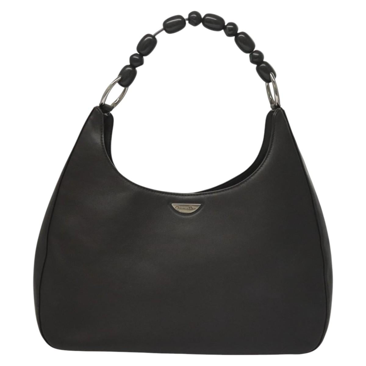 Christian Dior Maris Pearl Shoulder Bag Leather Black Silver Auth 