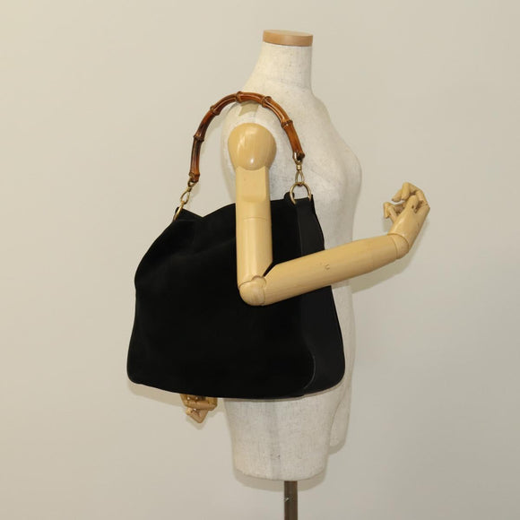 GUCCI Bamboo Shoulder Bag Suede Black Gold 001 1577 2615 Auth ep8865