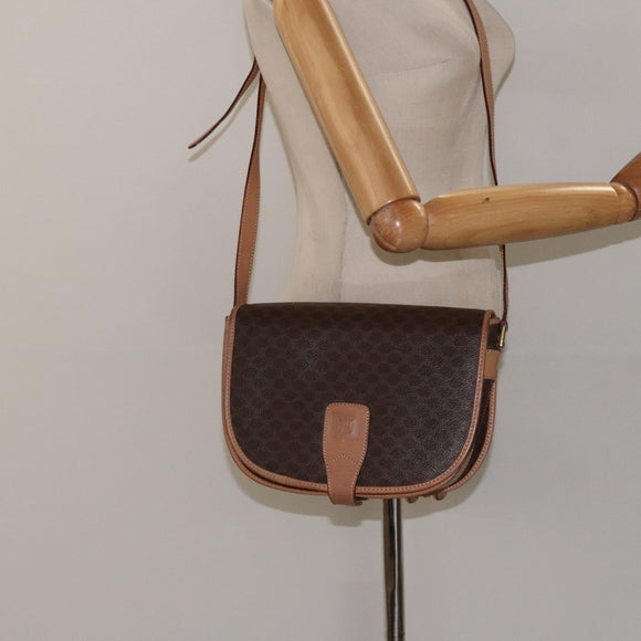 CELINE Macadam Canvas Shoulder Bag PVC Leather Brown Gold Auth ep8986