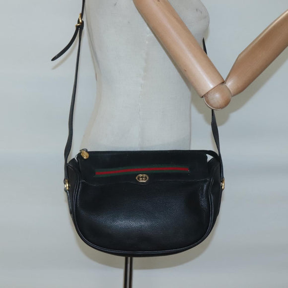 GUCCI Web Sherry Line Shoulder Bag Leather Black Gold 001 104 0918 Auth ep8999