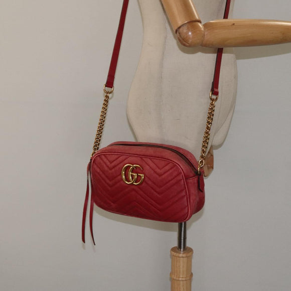 GUCCI GG Marmont Chain Shoulder Bag Leather Red Gold 447632 Auth ep9033